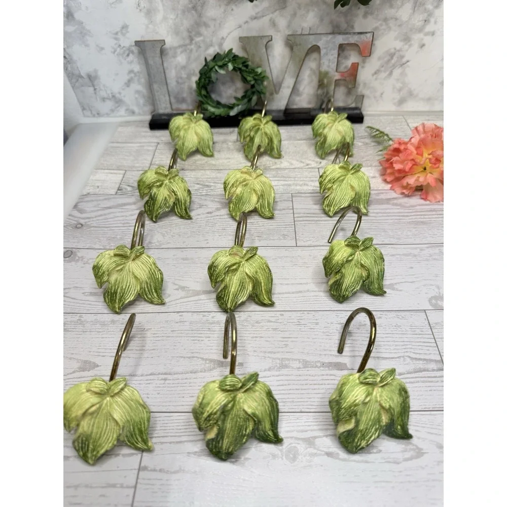 Set of 23 Green Leaves Shower Curtain Hooks Vintage Gold Tone Metal‎ Nature GUC